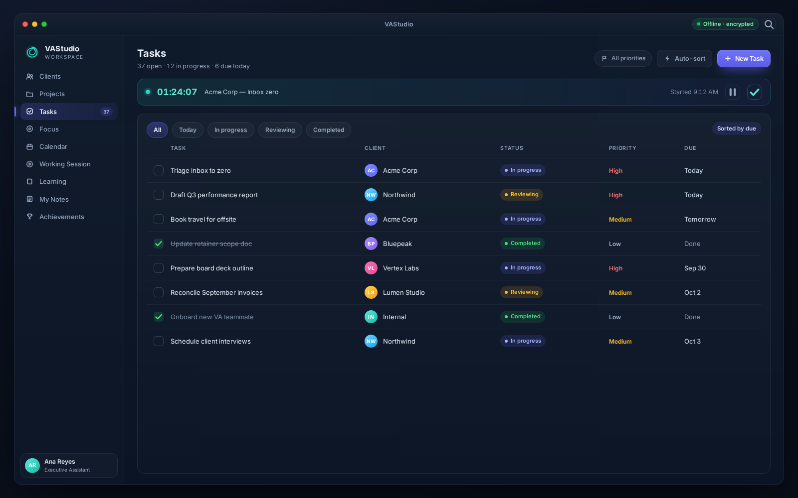 VAStudio Tasks screen